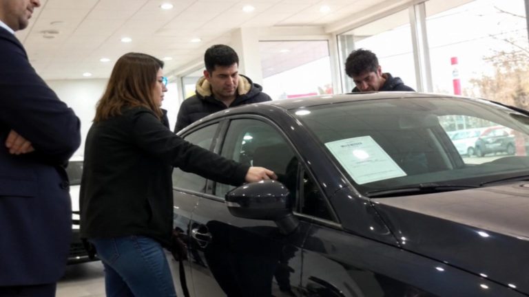 En un concesionario de autos, un vendedor vestido con traje observa…